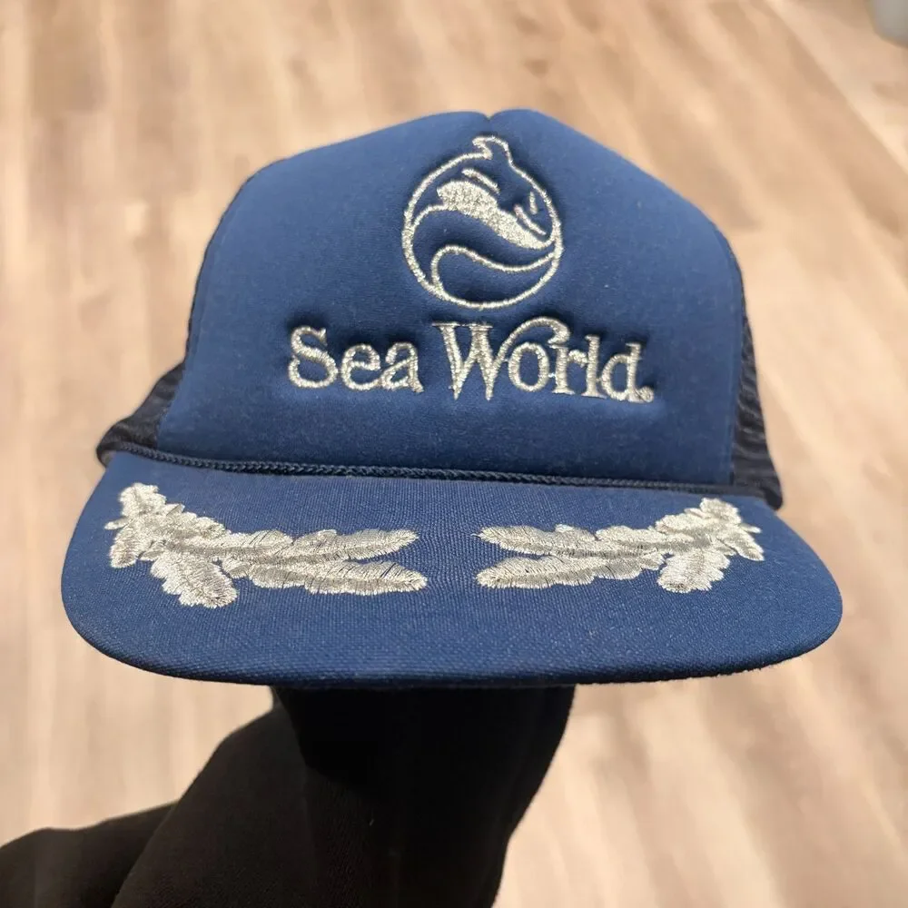 Vintage 80s Sea World Promo Foam Trucker Hat Snapback Men's One Size Navy Blue